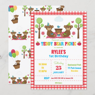 Cute Teddy Bear Picnic 1st Birthday Party Boy Girl Invitation