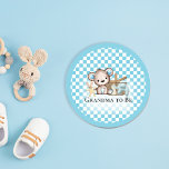 Cute Teddy Bear Picnic Baby Shower Personalised 7.5 Cm Round Badge<br><div class="desc">Adorable baby teddy bear and friends designed for your guests will fall in love with these guys.  Bunny rabbit and elephant enjoy a picnic with bear,  their basket and a milk bottle.  Baby blue and white check pattern background.  Template made for you,  and perfect for all your honorees.</div>