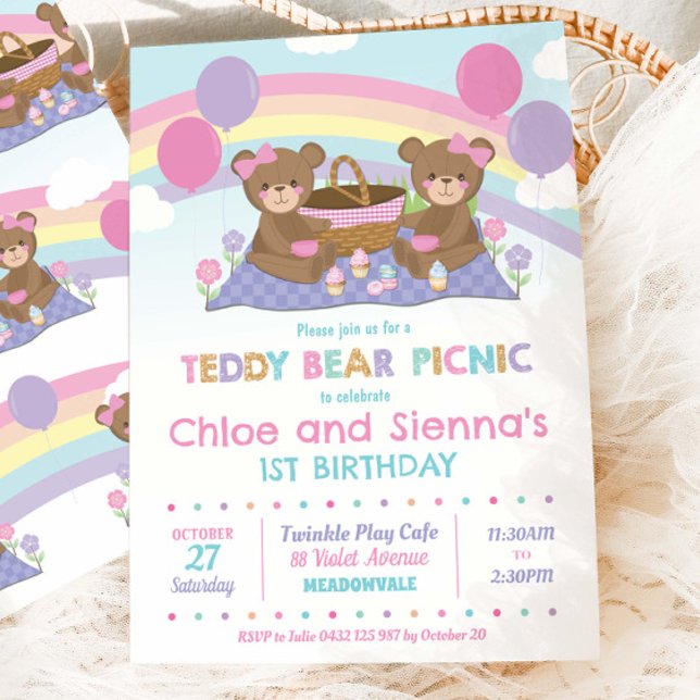 Cute Teddy Bear Picnic Birthday Girls Twins  Invitation (Creator Uploaded)