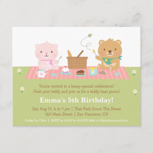 Cute Teddy Bear Picnic Birthday Party Invitations