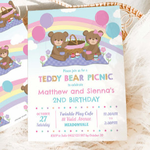 Cute Teddy Bear Picnic Birthday Twins Boy Girl Invitation