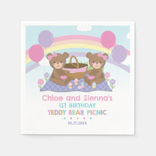 Cute Teddy Bear Picnic Rainbow Twins Girl Birthday Napkin