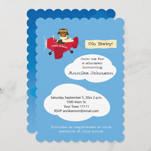 Cute Teddy Bear Pilot Aeroplane Gender Neutral Invitation (Front/Back)