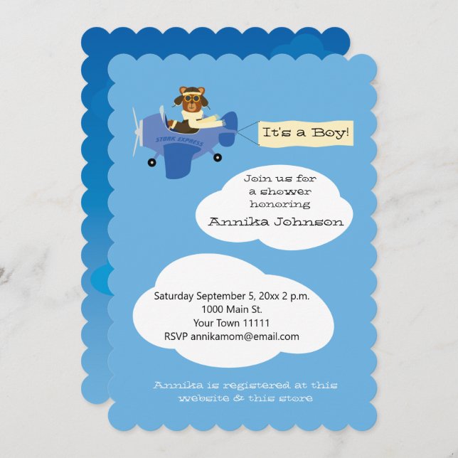 Cute Teddy Bear Pilot Aeroplane It's a Boy Invitation (Front/Back)
