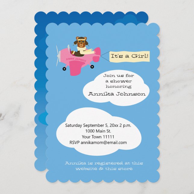 Cute Teddy Bear Pilot Aeroplane It's a Girl Invitation (Front/Back)