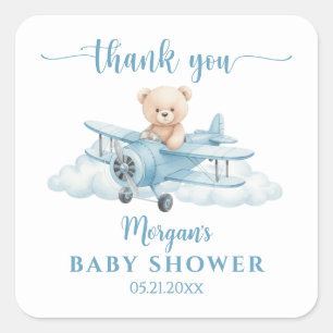 Cute Teddy Bear Pilot Baby Shower Thank You Square Sticker