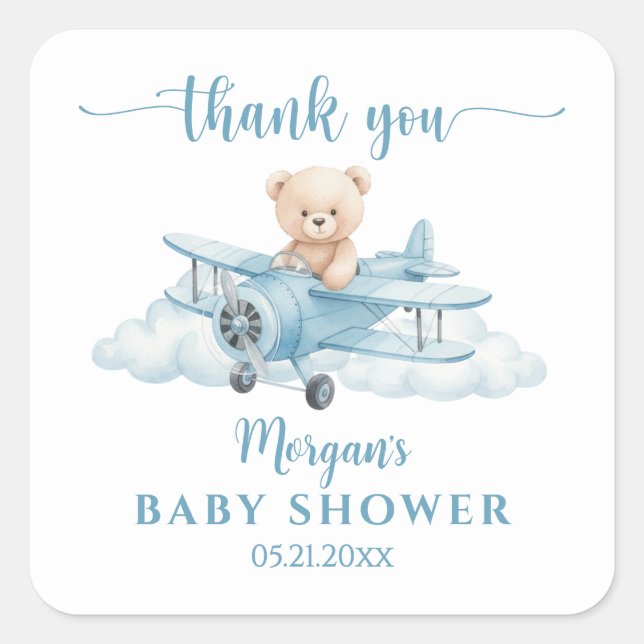 Cute Teddy Bear Pilot Baby Shower Thank You Square Sticker (Front)