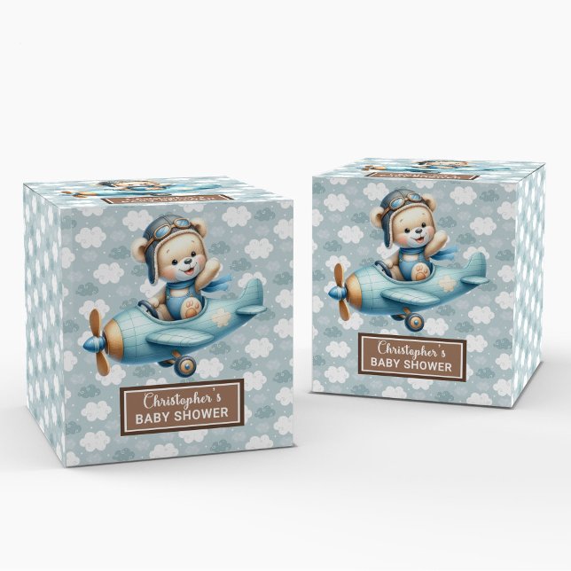 Cute Teddy Bear Pilot Blue Baby Party Favour Box (Cute Teddy Bear Pilot Blue Baby Party Favor Box)