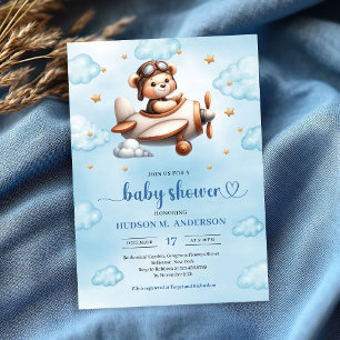Cute Teddy Bear Pilot Blue Brown Baby Shower   Invitation
