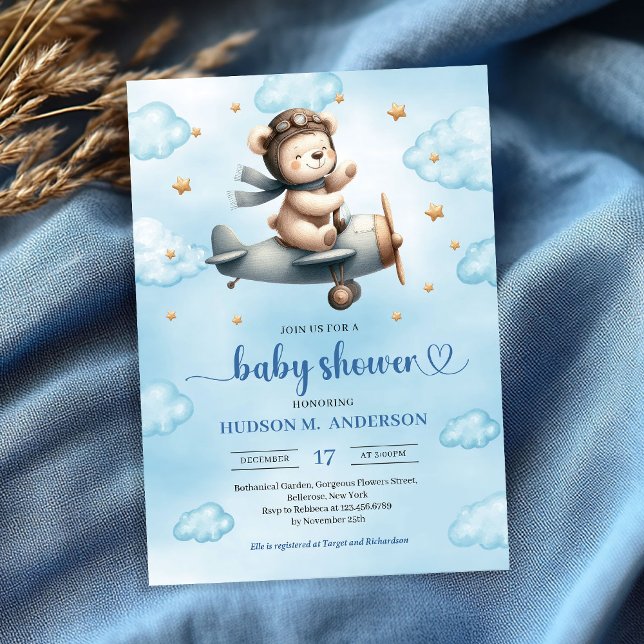 Cute Teddy Bear Pilot Blue Gold Boy Shower Invites (Cute Teddy Bear Pilot Blue Gold Boy Shower Invitation

)