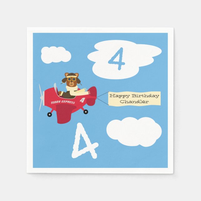 Cute Teddy Bear Pilot Custom Name and Age Birthday Napkin (Front)