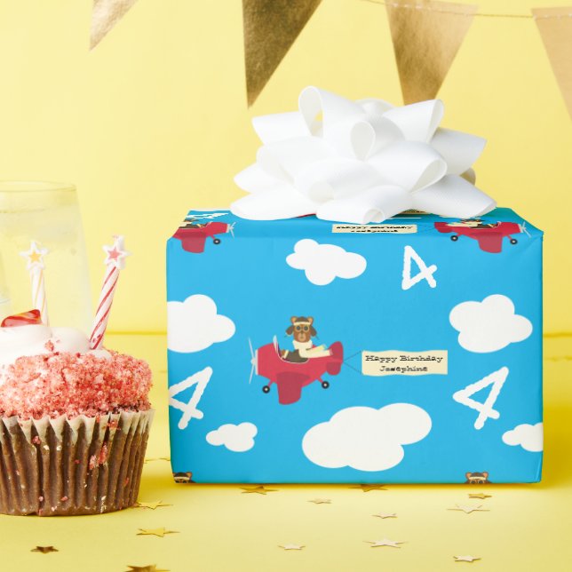 Cute Teddy Bear Pilot Custom Name and Age Birthday Wrapping Paper (Birthday Party)