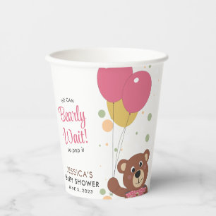 Cute Teddy Bear Pink and Gold Balloons Baby Shower Paper Cups