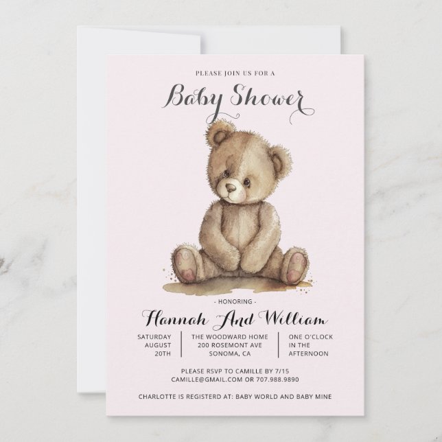 Cute Teddy Bear Pink Baby Girl Baby Shower Invitation (Front)