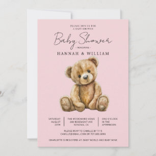 Cute Teddy Bear Pink Baby Girl Baby Shower Invitation