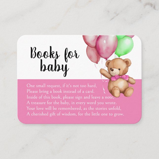 Cute Teddy Bear Pink Baby Shower Book Request Enclosure Card (Front)
