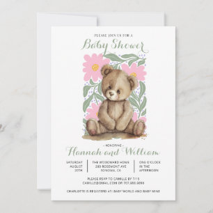 Cute Teddy Bear Pink Baby Shower Invitation
