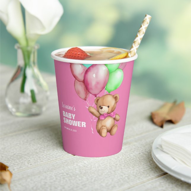 Cute Teddy Bear Pink Baby Shower Paper Cups (Insitu)
