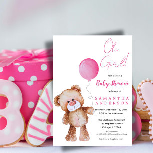Cute Teddy Bear Pink Balloon Gir Baby Shower  Invitation