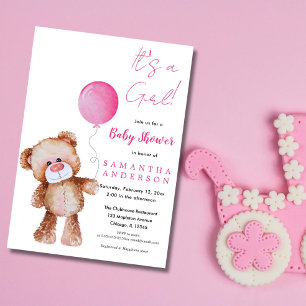 Cute Teddy Bear Pink Balloon Girl Baby Shower  Invitation