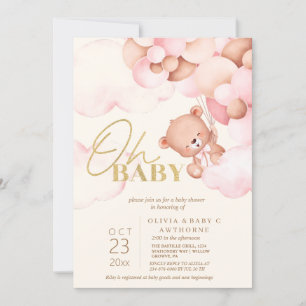 Cute Teddy Bear Pink Balloons Baby Girl Shower Invitation