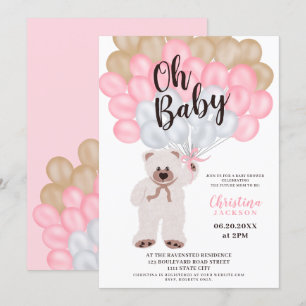Cute teddy bear pink balloons girl baby shower invitation