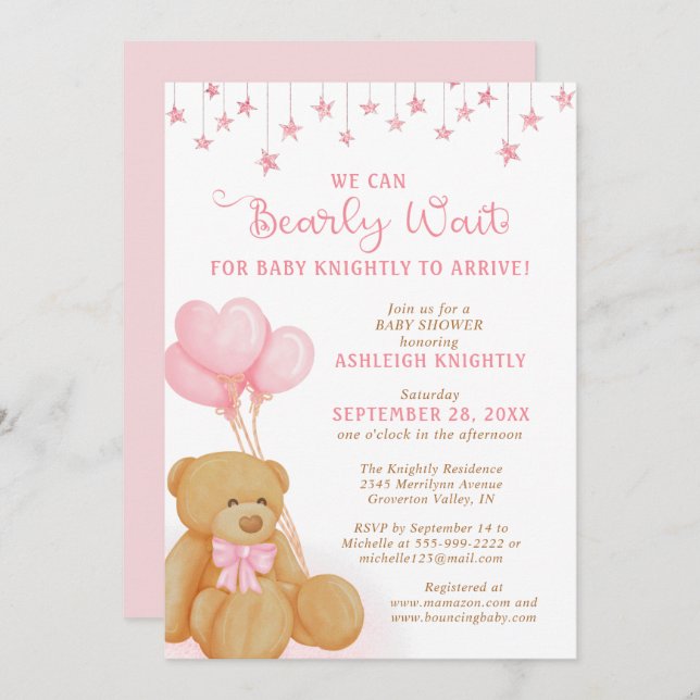 Cute Teddy Bear Pink Balloons Stars Baby Shower Invitation (Front/Back)