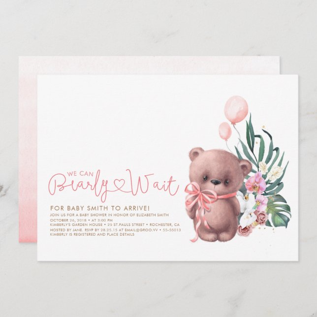 Cute Teddy Bear Pink Bearly Wait Girl Baby Shower Invitation (Front/Back)