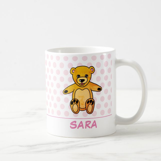 Cute Teddy Bear Pink Dots with Name Kid Coffee Mug (Right)