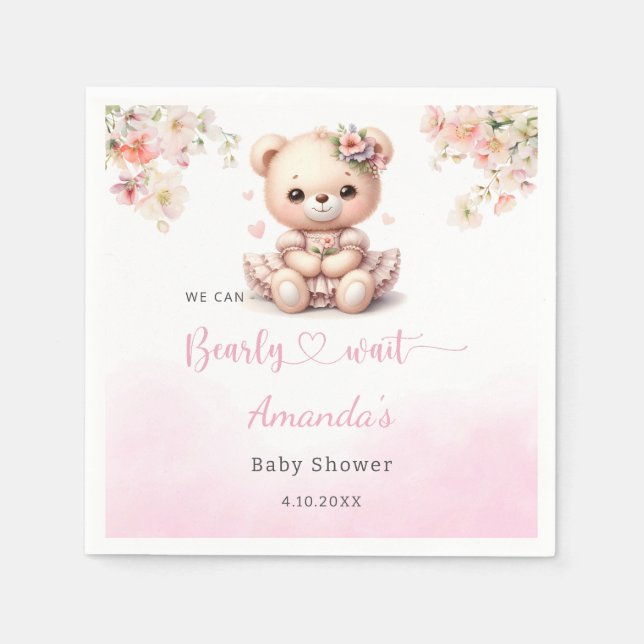 Cute Teddy Bear pink floral girl baby shower  Napkin (Front)