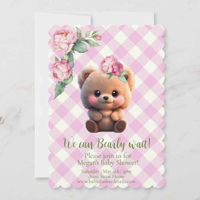 Cute teddy bear pink gingham floral Baby Shower  (Front)