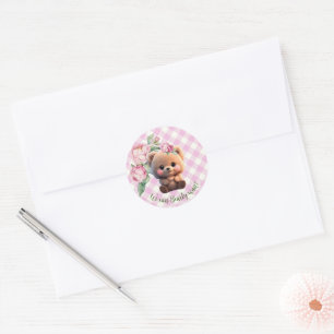 Cute teddy bear pink gingham floral Baby Shower Classic Round Sticker