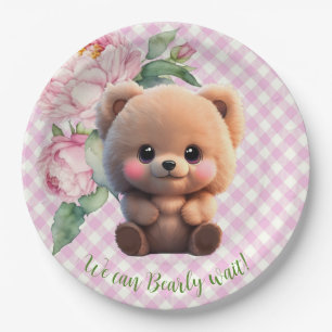 Cute teddy bear pink gingham floral Baby Shower  Paper Plate
