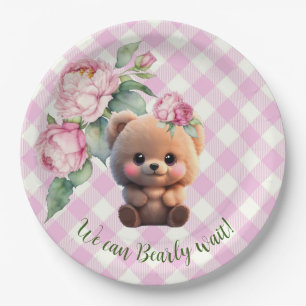 Cute teddy bear pink gingham floral Baby Shower Paper Plate