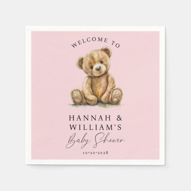 Cute Teddy Bear Pink Girl Baby Shower  Napkin (Front)