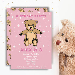 Cute Teddy Bear Pink Girl Birthday Invitation