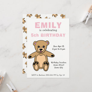 Cute Teddy Bear Pink Girl Birthday  Invitation