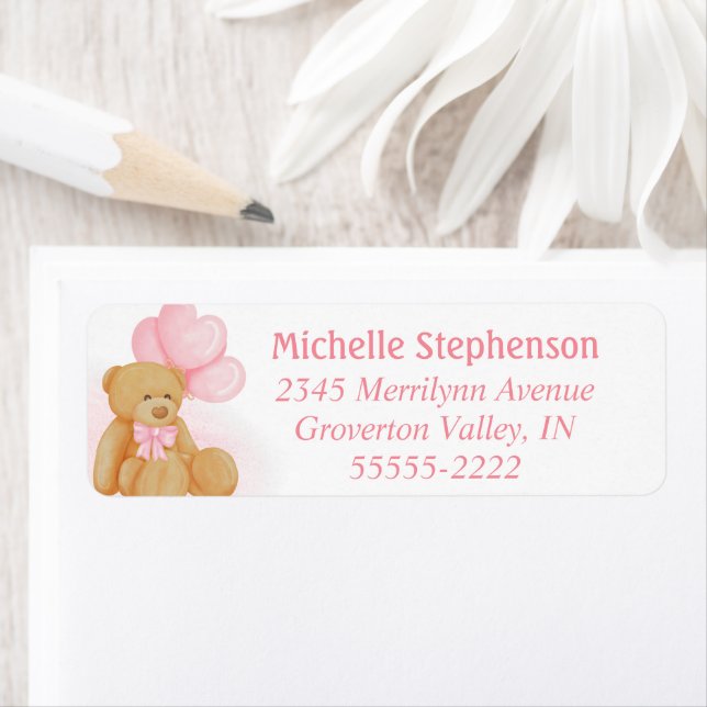 Cute Teddy Bear Pink Heart Balloons Return Address Label (Insitu)
