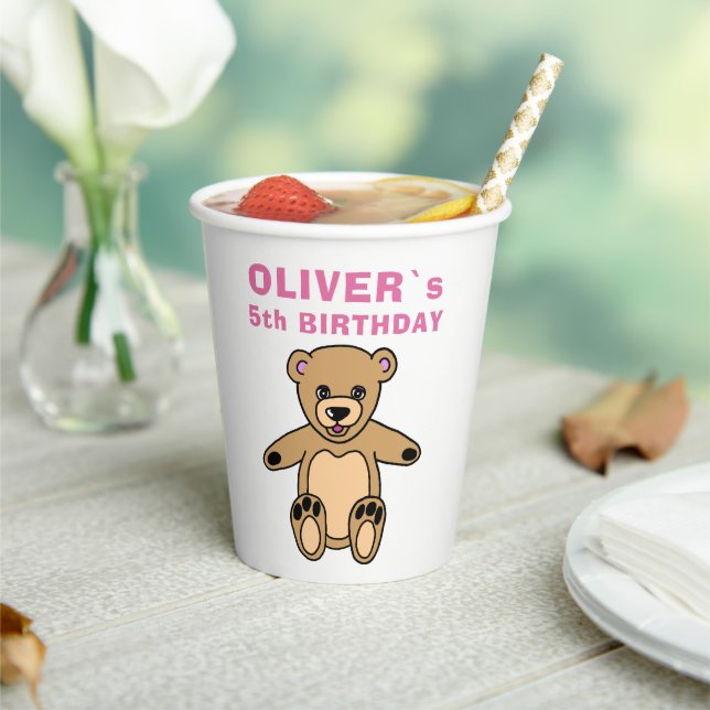 Cute Teddy Bear Pink Kids Birthday Party  Paper Cups (Insitu)