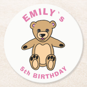Cute Teddy Bear Pink Kids Birthday Party Round Paper Coaster
