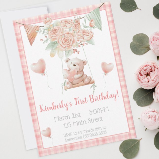 Cute Teddy Bear Pink Plaid Birthday Invitation (An adorable teddy bear birthday invitation for a little girl's birthday party.)