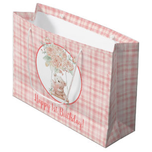 Cute Teddy Bear Pink Plaid Birthday Large Gift Bag