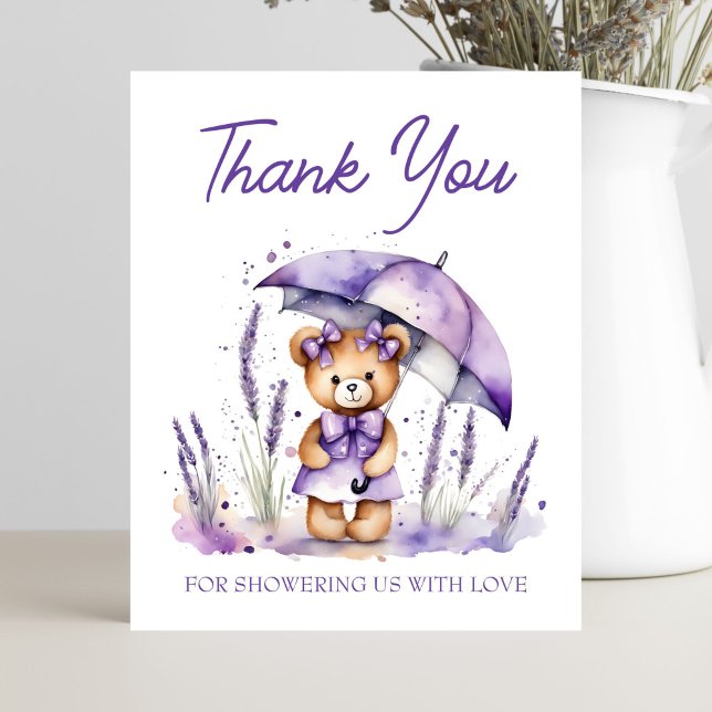 Cute teddy bear purple baby shower thank you card (Purple lavender teddy bear baby shower thank you card template, cute teddy with umbrella thank you )