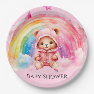 Cute Teddy Bear Rainbow Girl Baby Shower Paper Plate
