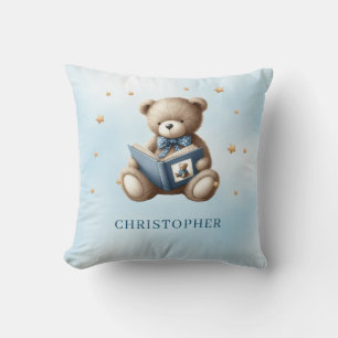 Cute teddy bear reading a book cushion