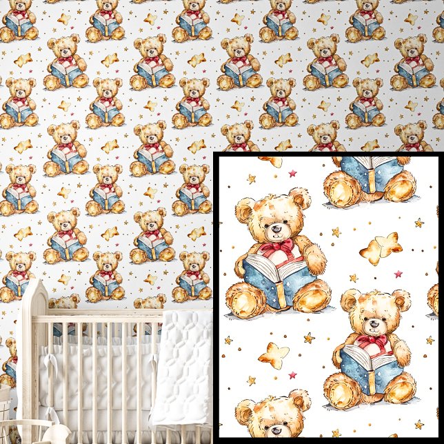 Cute Teddy Bear Reading Book Brown Blue  Wallpaper (Creator Uploaded)