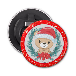 Cute Teddy Bear Red and White Stars Christmas Bottle Opener