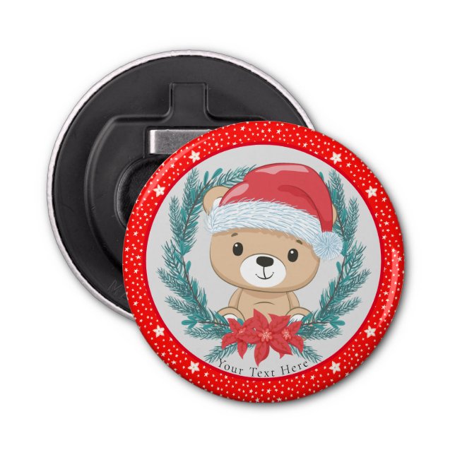 Cute Teddy Bear Red and White Stars Christmas  Bottle Opener (Front)