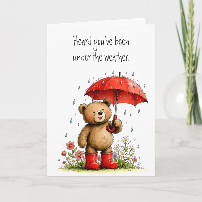 Cute Teddy Bear Red Galoshes Get Well Soon Card (Front)