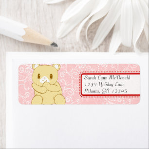 Cute Teddy Bear Red Pink Dots & Hearts Return Address Label